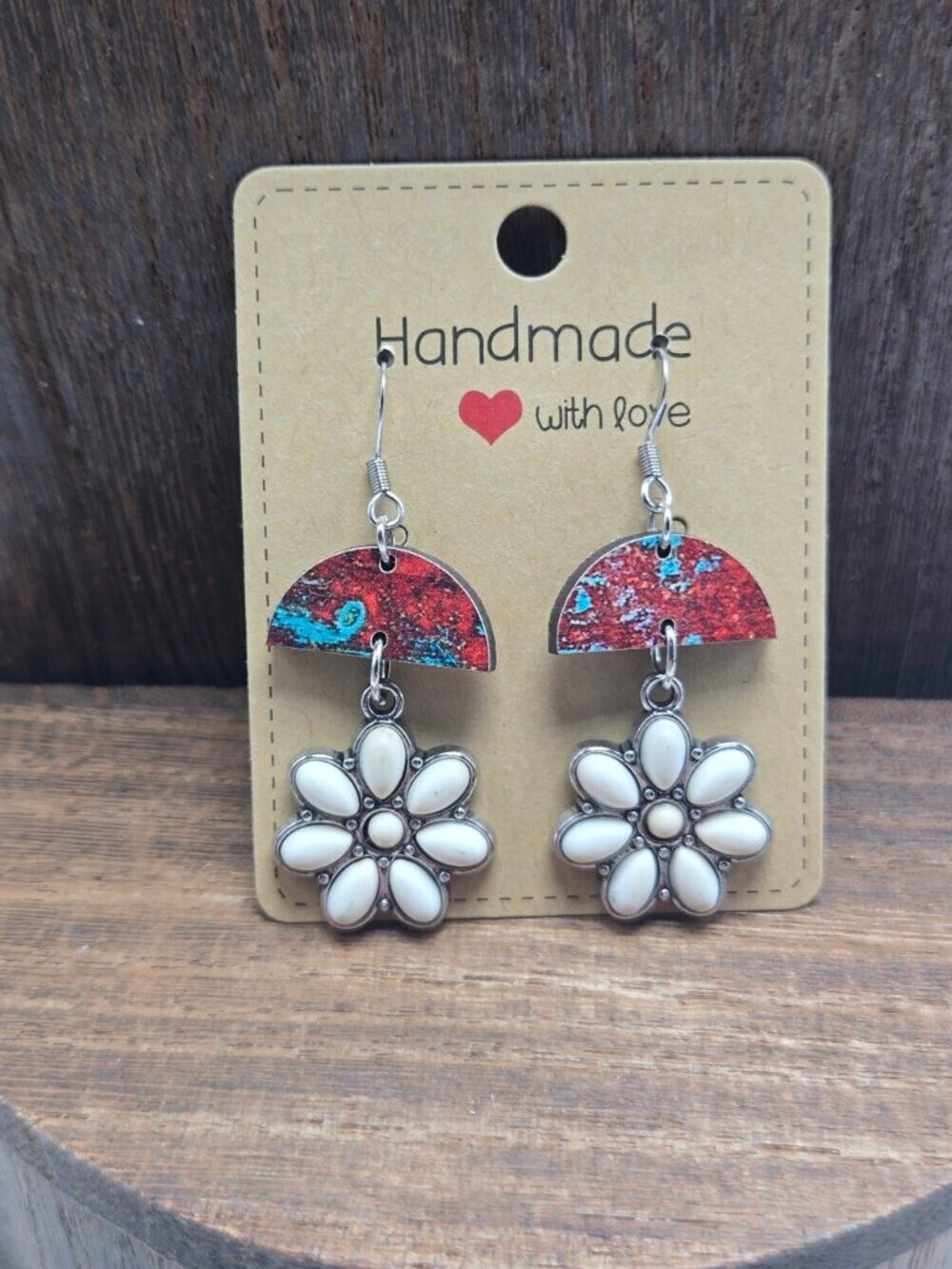 NWT Wood 1/2 Circle Earrings Pierced Silver Tone Faux StoneFlower Western Dangle